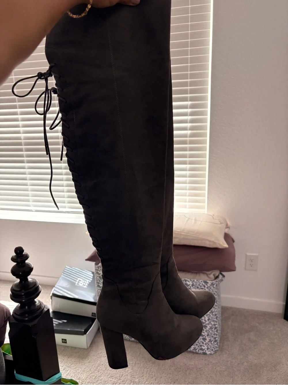 Over-the-Knee Suede Boots - Gray